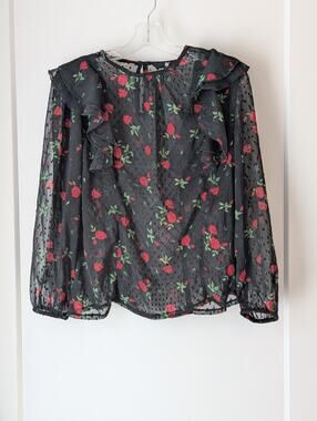 Fig Ladies M Black Sheer Tunic Pullover Blouse Red Roses Whimsy Goth Peasant
